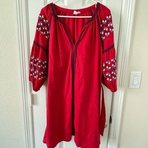 Red Embroidered Linen Blend Dress